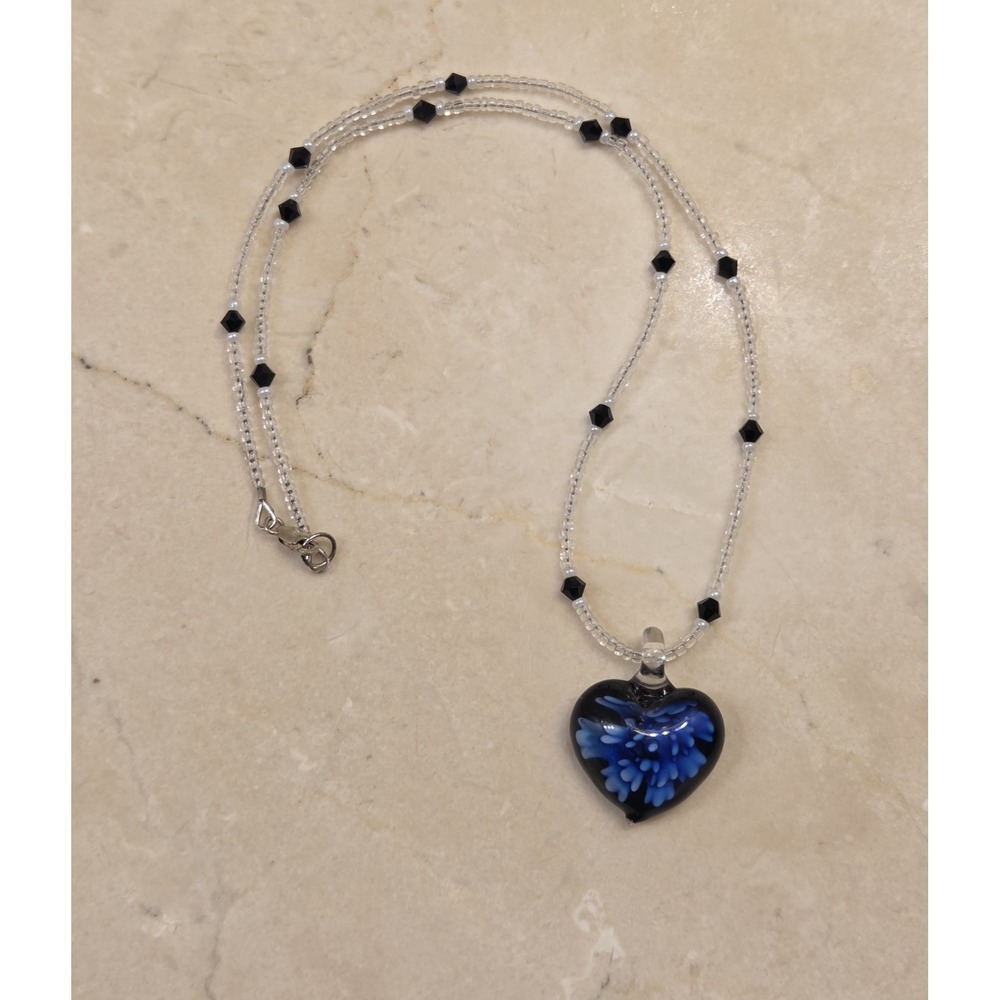 Vintage Murano Glass Heart Pendant On Bead & Sterling Silver Necklace 17.5" - Picture 3 of 5